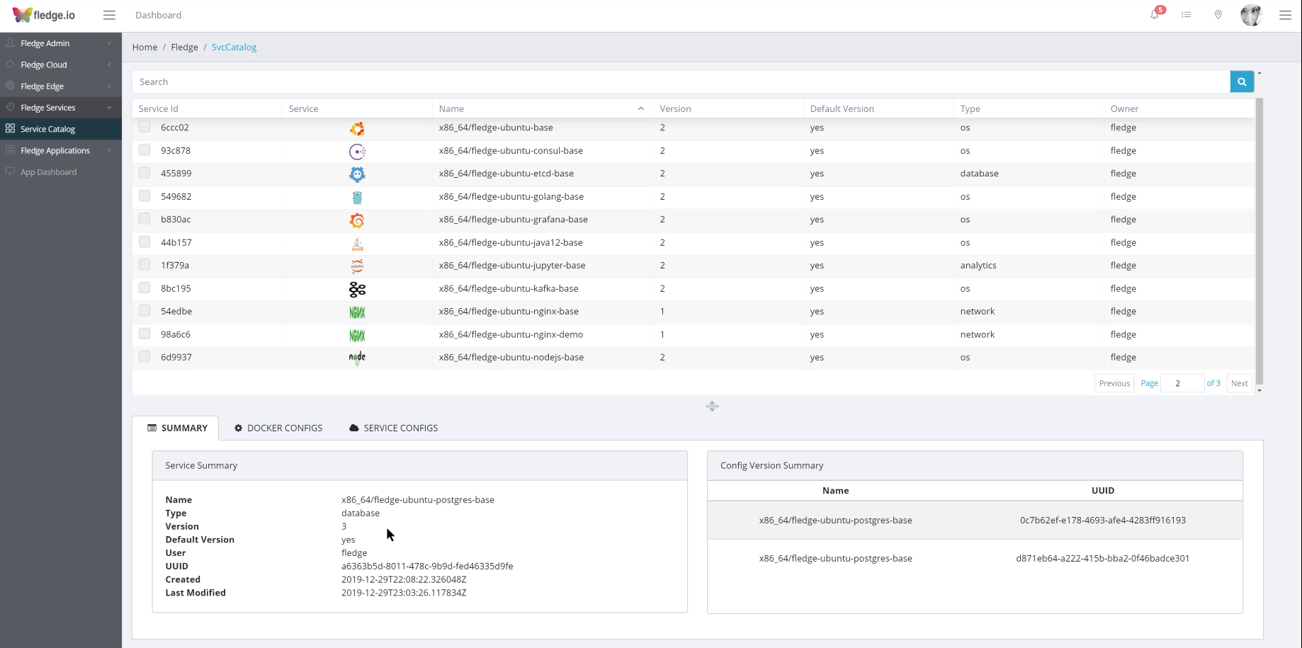 A screenshot that shows the dashboard of the fledge.io application, with the service catalog view in focus.