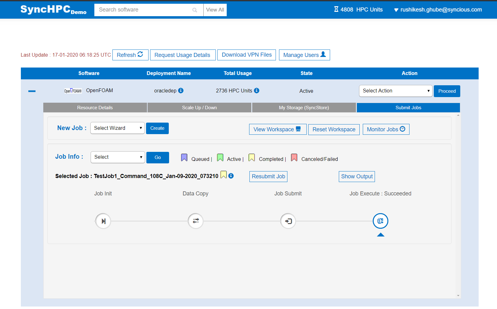 Screenshot of the SyncHPC interface that shows submitting a job to HPC resources in Oracle Cloud Infrastructure.