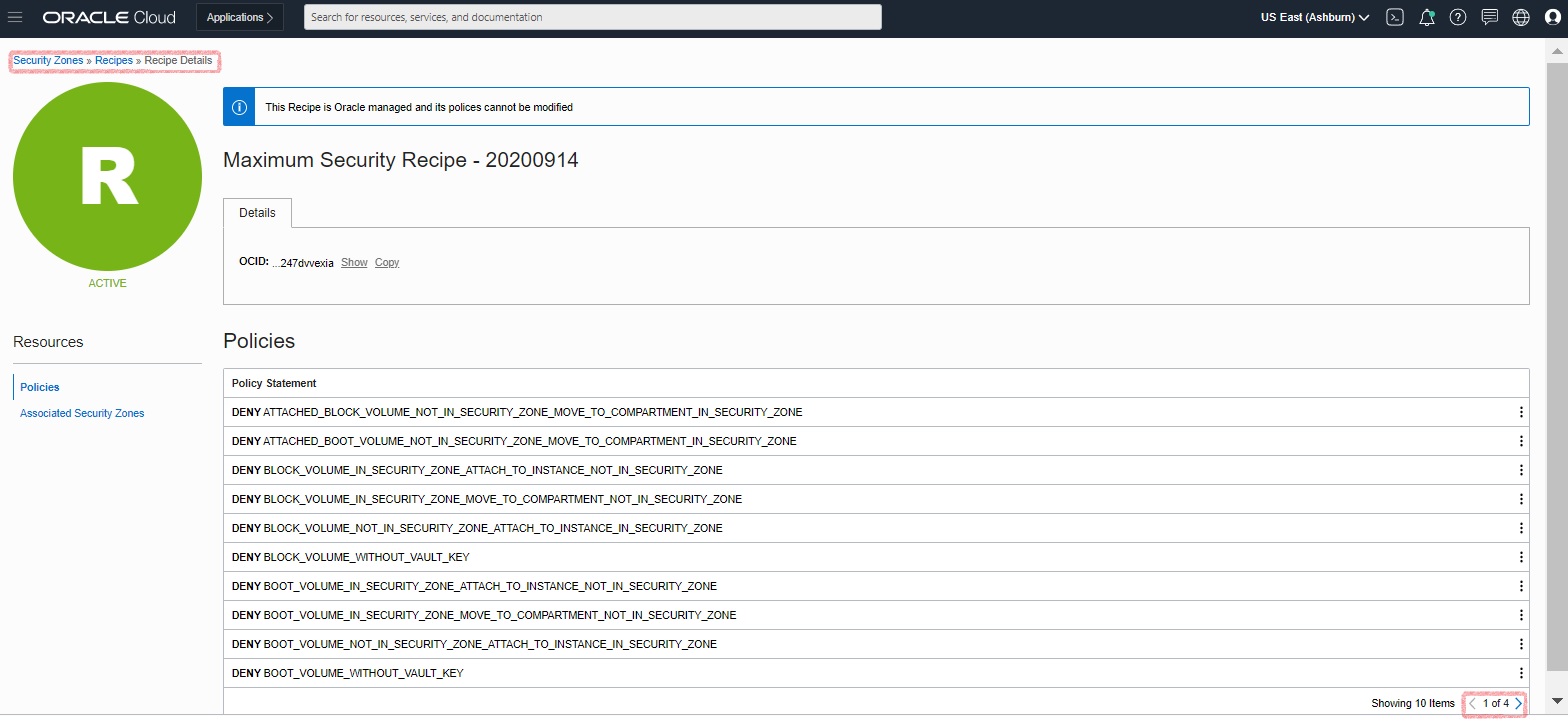 A screenshot of the Recipes Details page, showing the current policies for the example.
