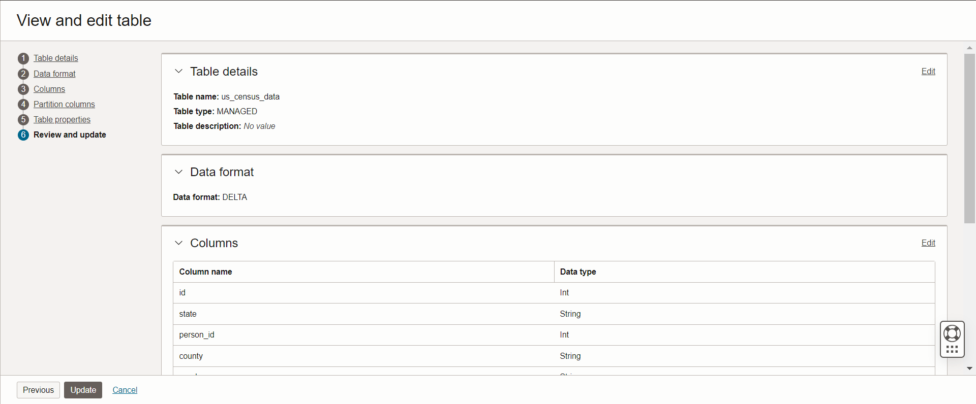 A screenshot of the View and edit table screen on the review and edit update table showing the Delta data format option.