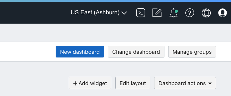 A screenshot of the New Dashboard button in the Oracle Cloud Console.