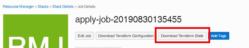 Screenshot highlighting the Downlod Terraform State button on the Job Details page.