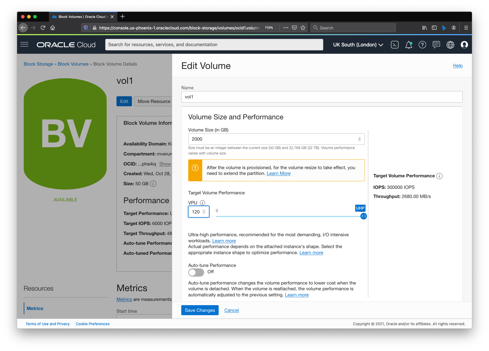 A screenshot of the Edit Volume window in the Console showing a configuration for 300,000 IOPS and 2,680-MB/s throughput.