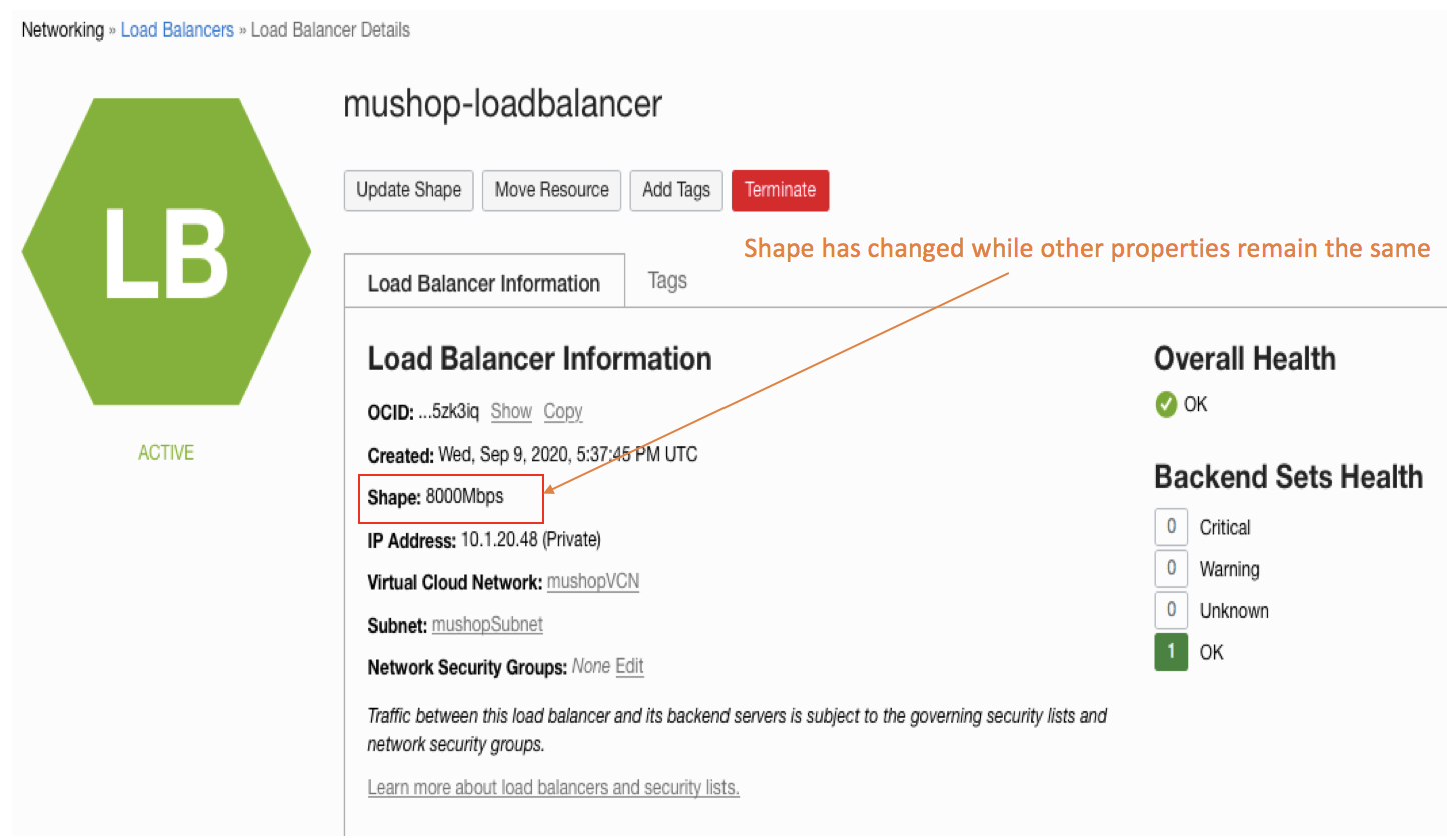 A screenshot of the Load Balancer Details page with the Shape size updated and a note in orange that says, “Shape has changed while other properties remain the same.”
