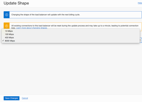 A screenshot of the Update Shape screen with 8000 Mbps selected in the drop-down menu.