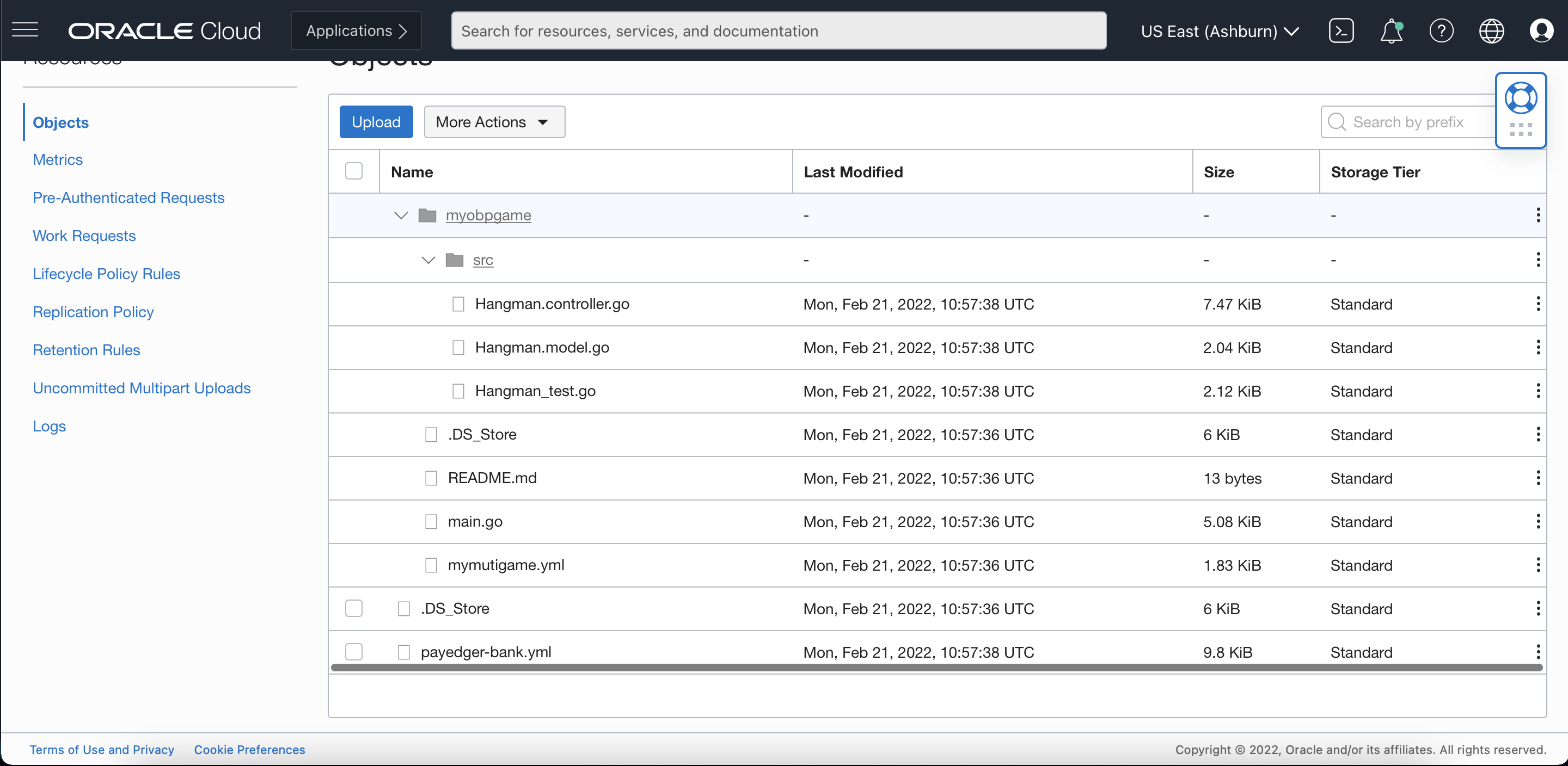 A screenshot of the Objects page in the Oracle Cloud Console, showing the bucket result.