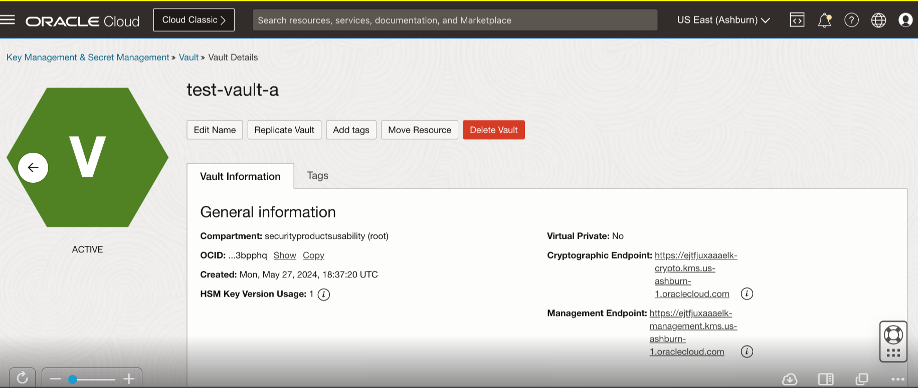 Vault details for an example vault that can be replicated.