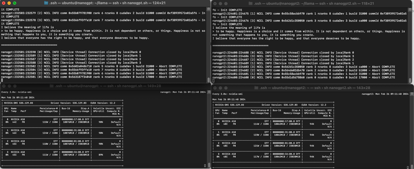 Inference run of unquantized Llama 70B model on two bare metal servers with eight A10s