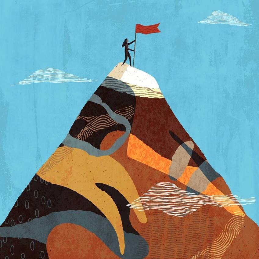 A person holding a flag on top of a mountain

Description automatically generated