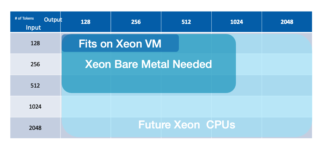 A chart of which input and output tokens fit on VM and bare metal instances.