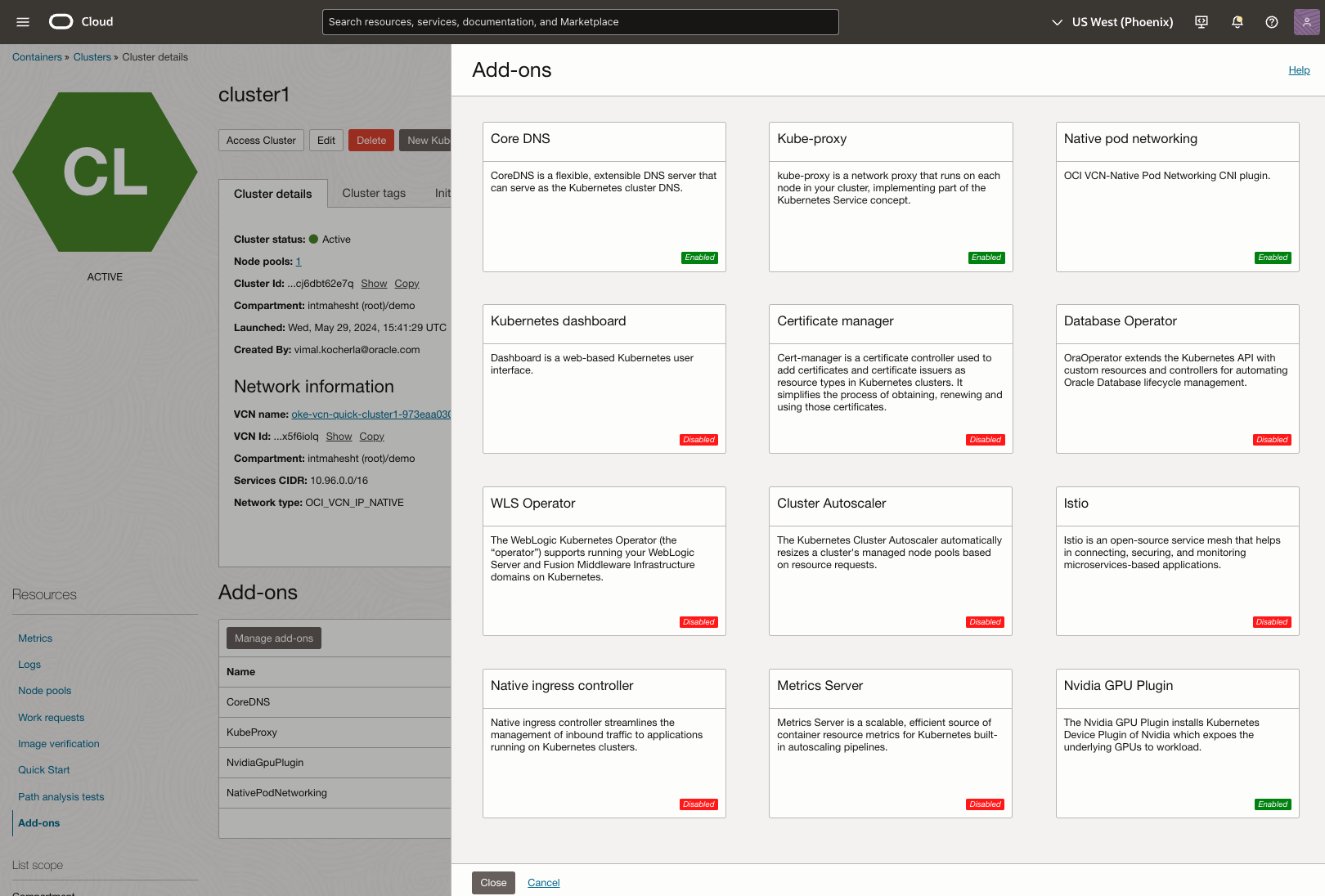 Available add-ons in the Oracle Cloud Console.