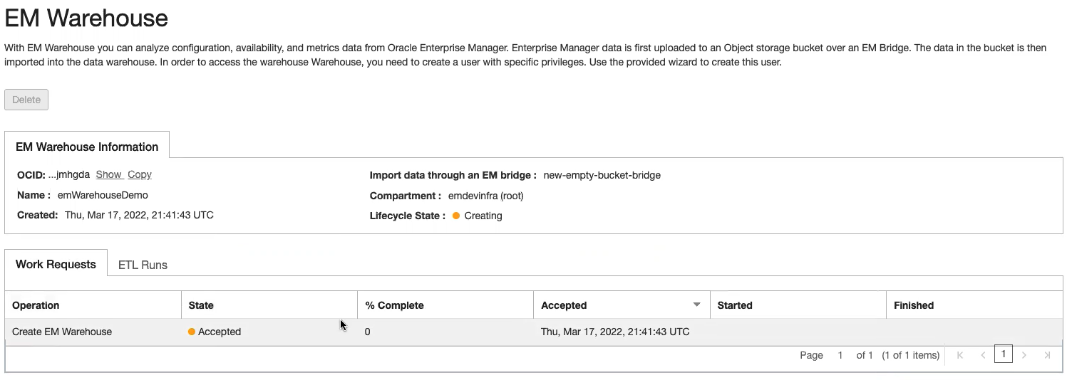 Image shows the work request operation for EM Warehouse creation.