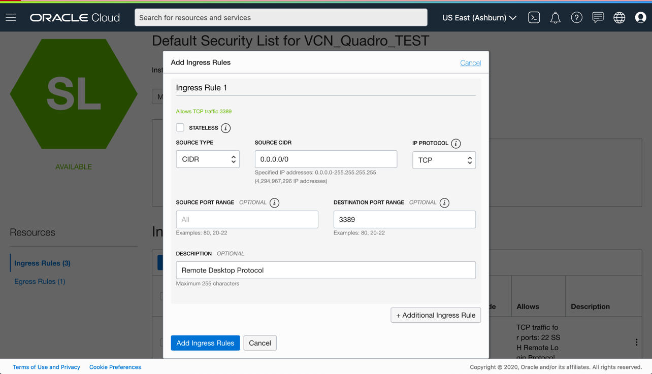 Screenshot that shows the dialog box for adding an ingress rule in the Oracle Cloud Infrastructure Console.
