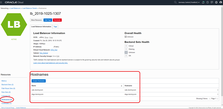 Screenshot that shows the hostnames section of the load balancer details page.