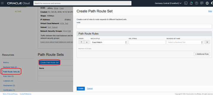 Screenshot that shows the Create Path Route Set dialog box in the console.