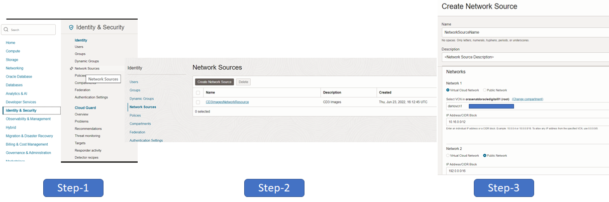 OCI console screenshots outlining steps required to create Network Source