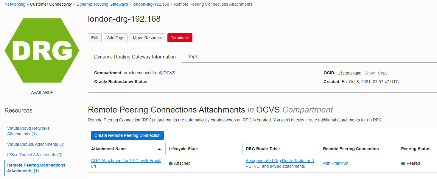 A screenshot of the London DRG with remote peering connection attachment to Frankfurt.
