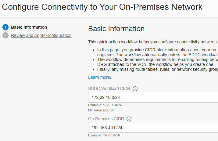 A screenshot of the Configure Connectivity to Your On-Premises Network page on the Basic Information tab with CIDRs filled in.