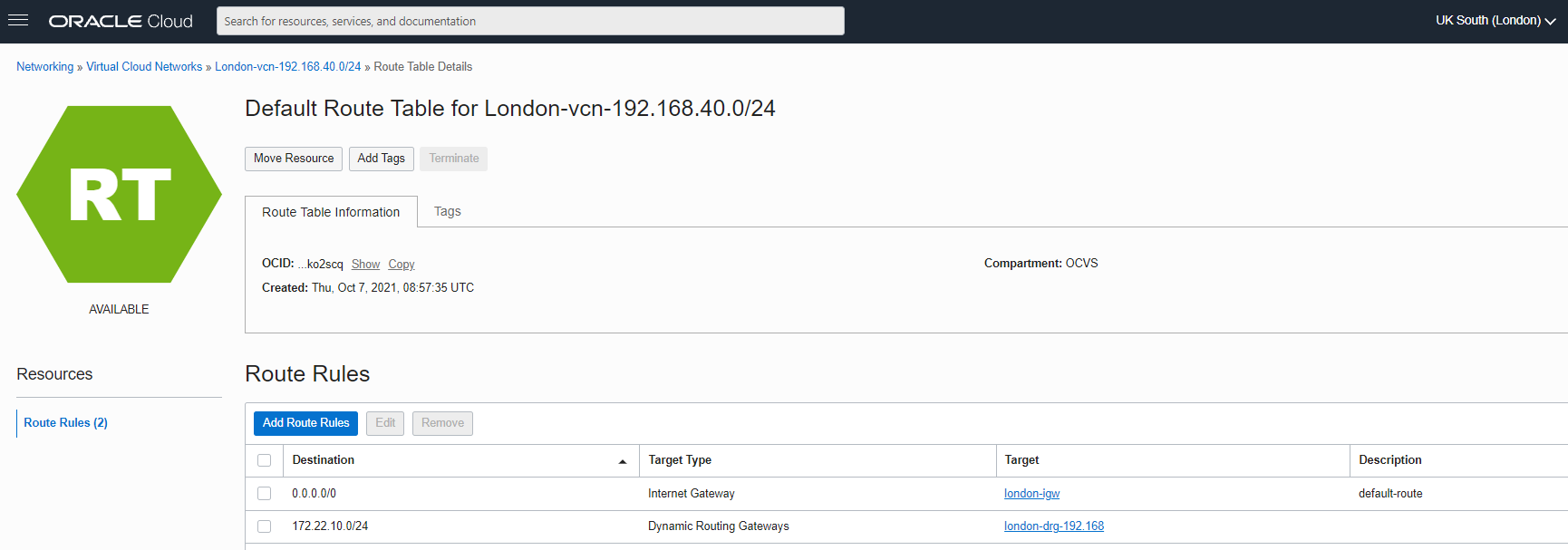A screenshot of the details page for the default route table for the London VCN.