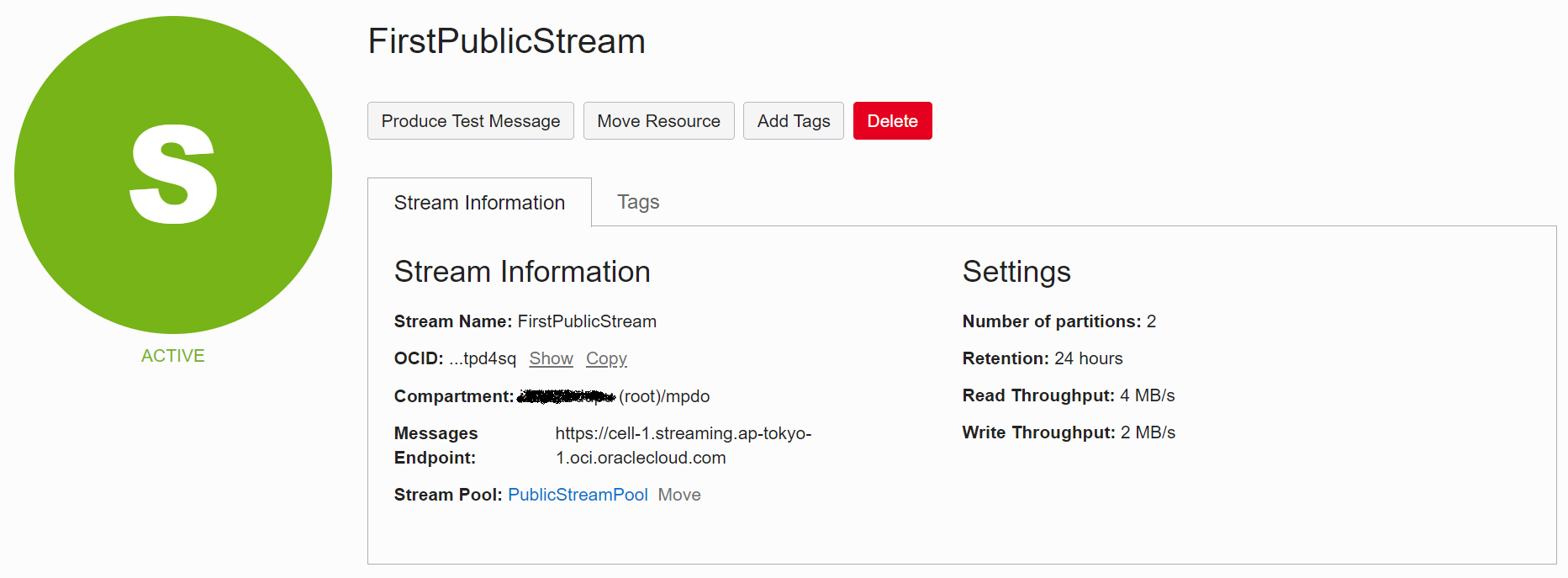 A screenshot that shows the details page in the OCI console for the example stream.