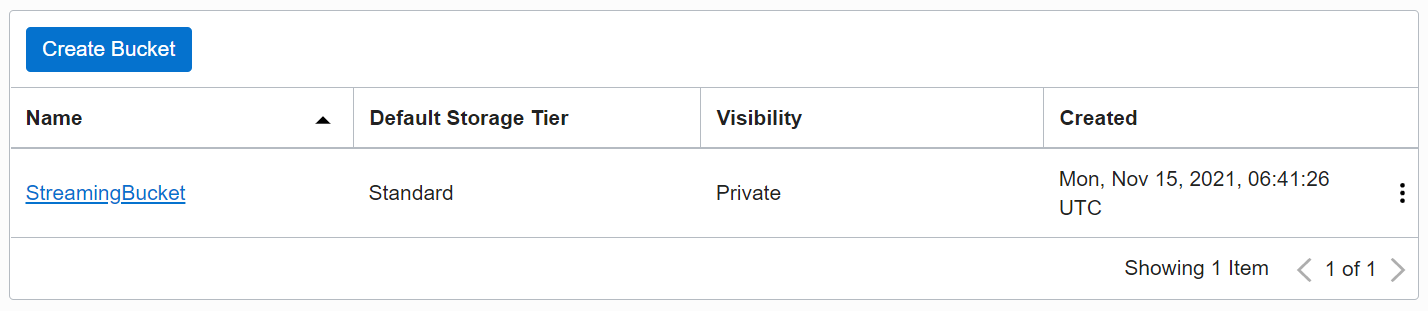 A screenshot that shows the Object Storage page in the console with the Create Bucket button highlighted.