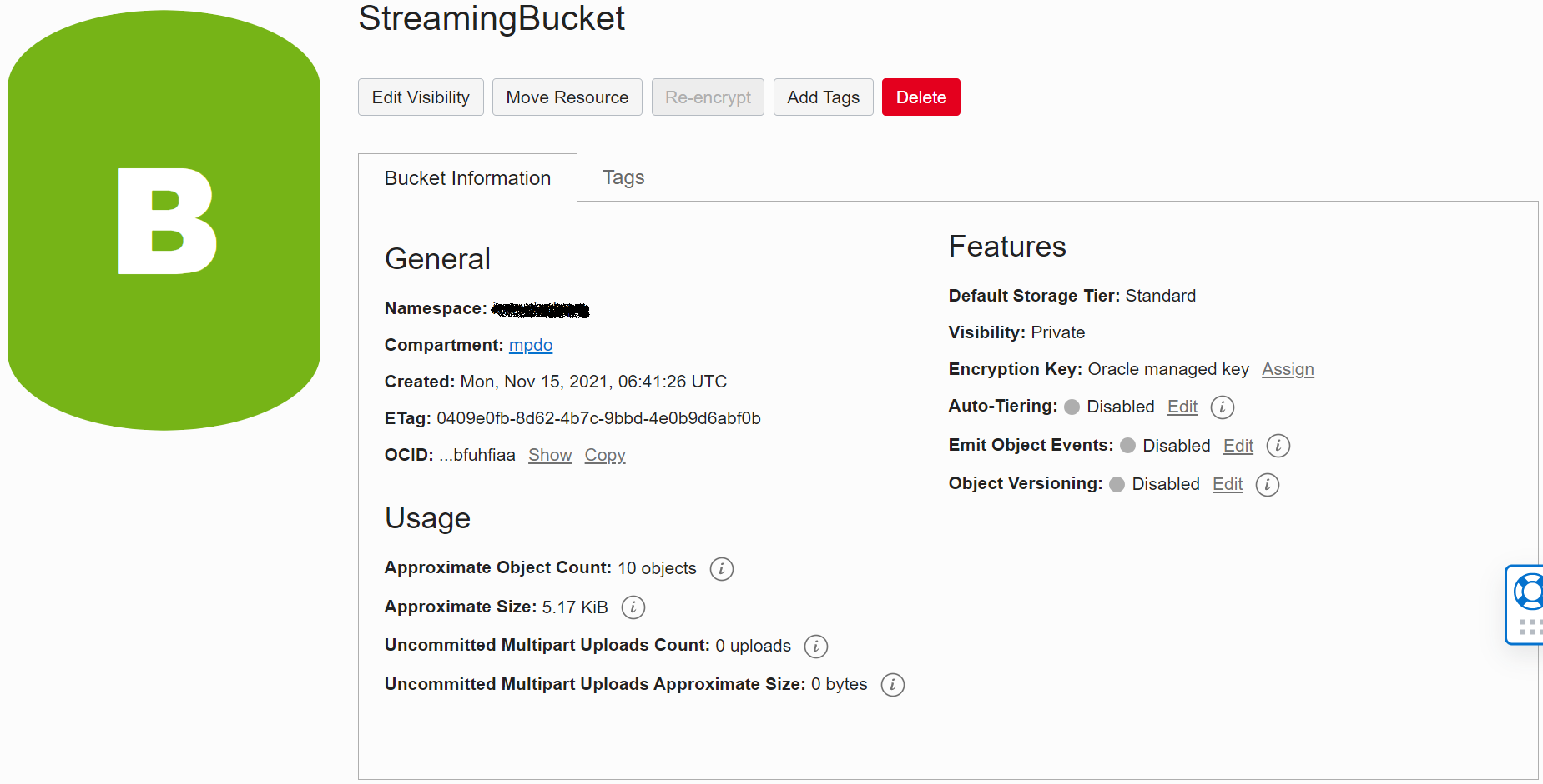 A screenshot that shows the details page in the OCI console for the example bucket.