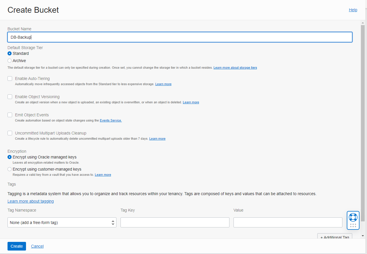 A screenshot of the Create Bucket page in the Oracle Cloud Console.