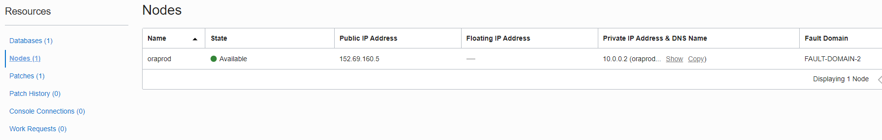 A screenshot of the Nodes section of the Database service in the Console.