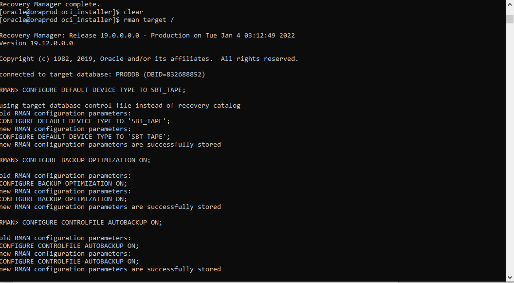 A screenshot of the code to configure RMAN for initial usage.