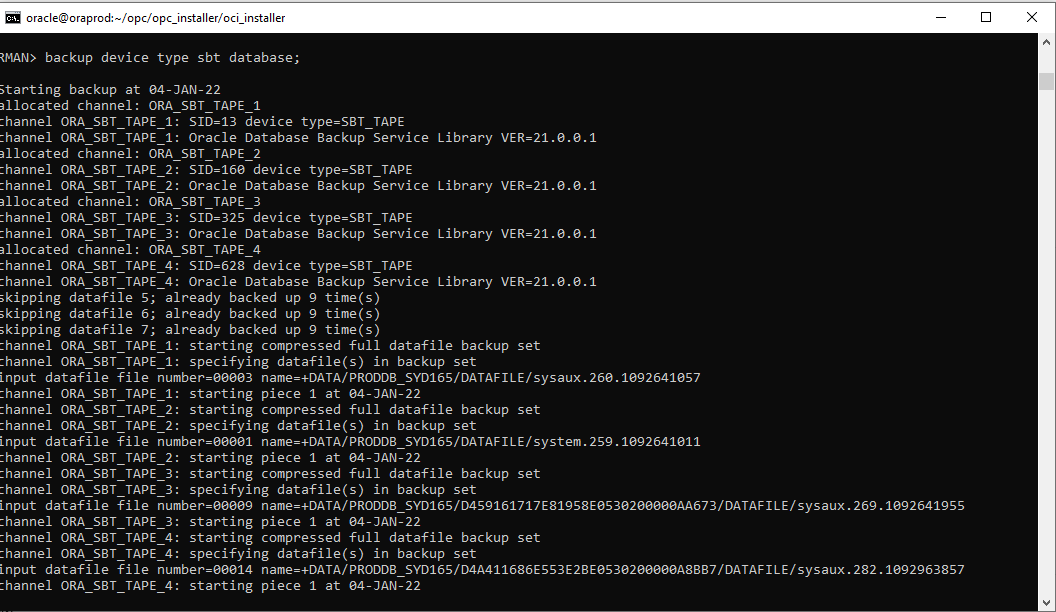 A screenshot of the RMAN backup code.
