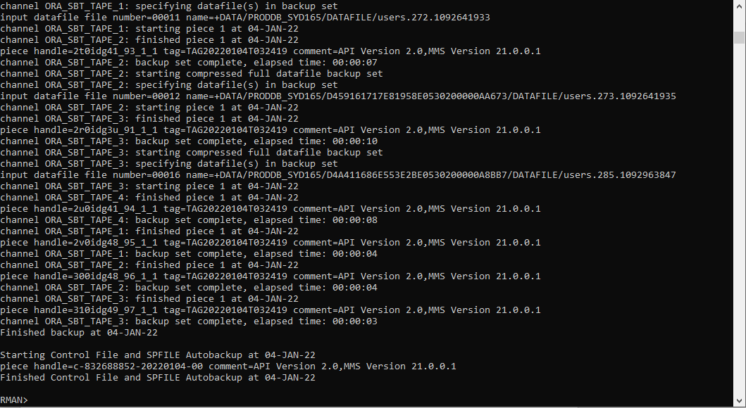 A screenshot of the code for backing up specific pluggable databases.