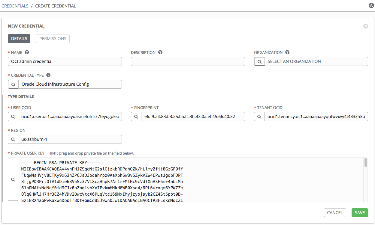 A screenshot of the Create Credential page, showing a new credential with the fields for its details filled out.