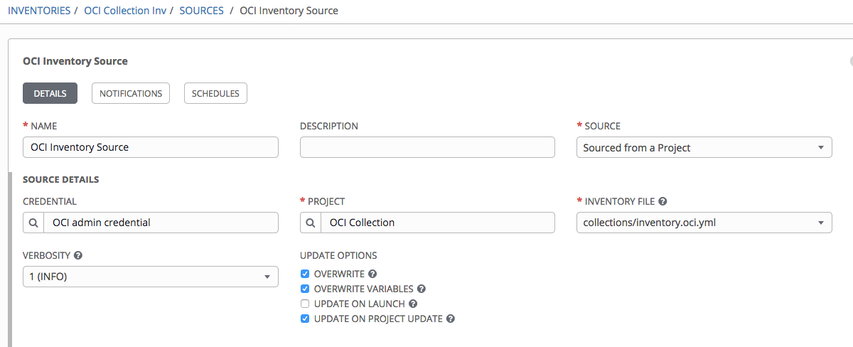 A screenshot of a OCI Inventory Source creation page.