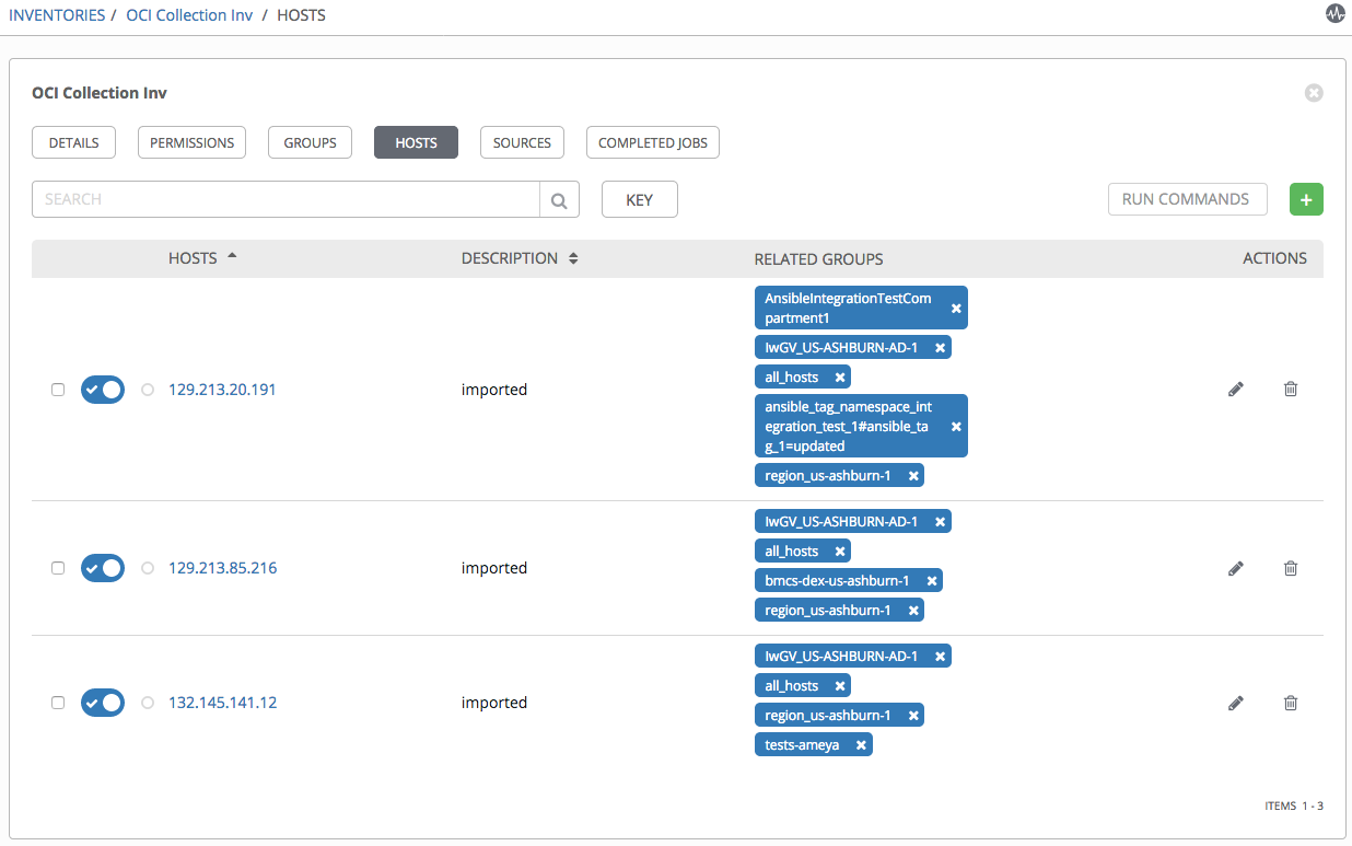 A screenshot of the OCI Collection Inv page, showing the hosts important to the inventory.