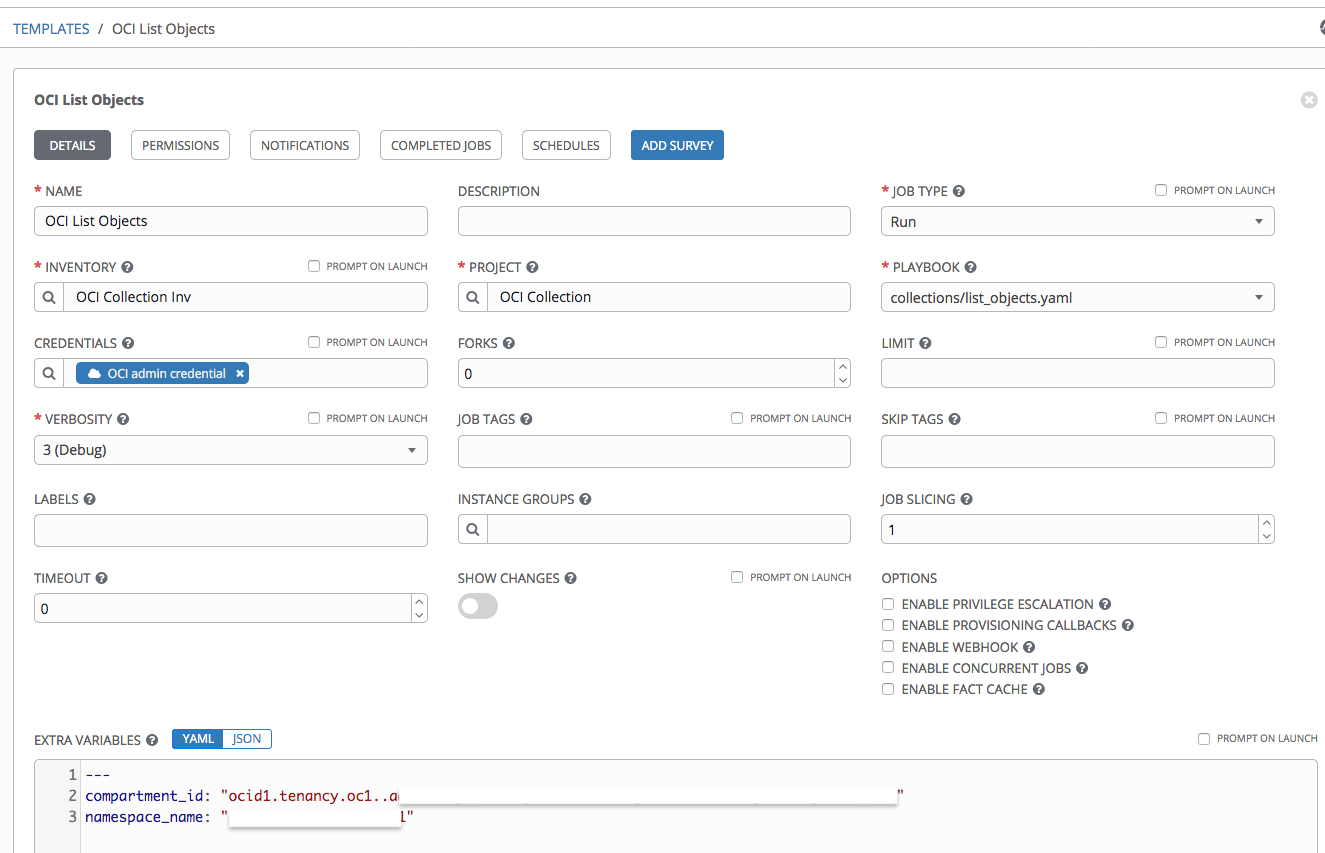 A screenshot of the OCI List Objects page with the fileds filled in.