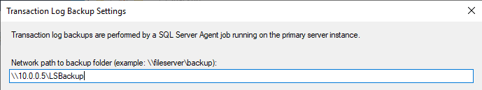 A screenshot of the Transaction Log Backup Settings window showing an alternative network path to backup folder.