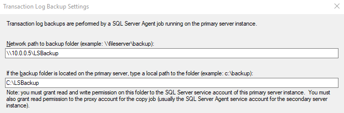 A screenshot of the Transaction Log Backup Settings window showing the local path to the backup folder.
