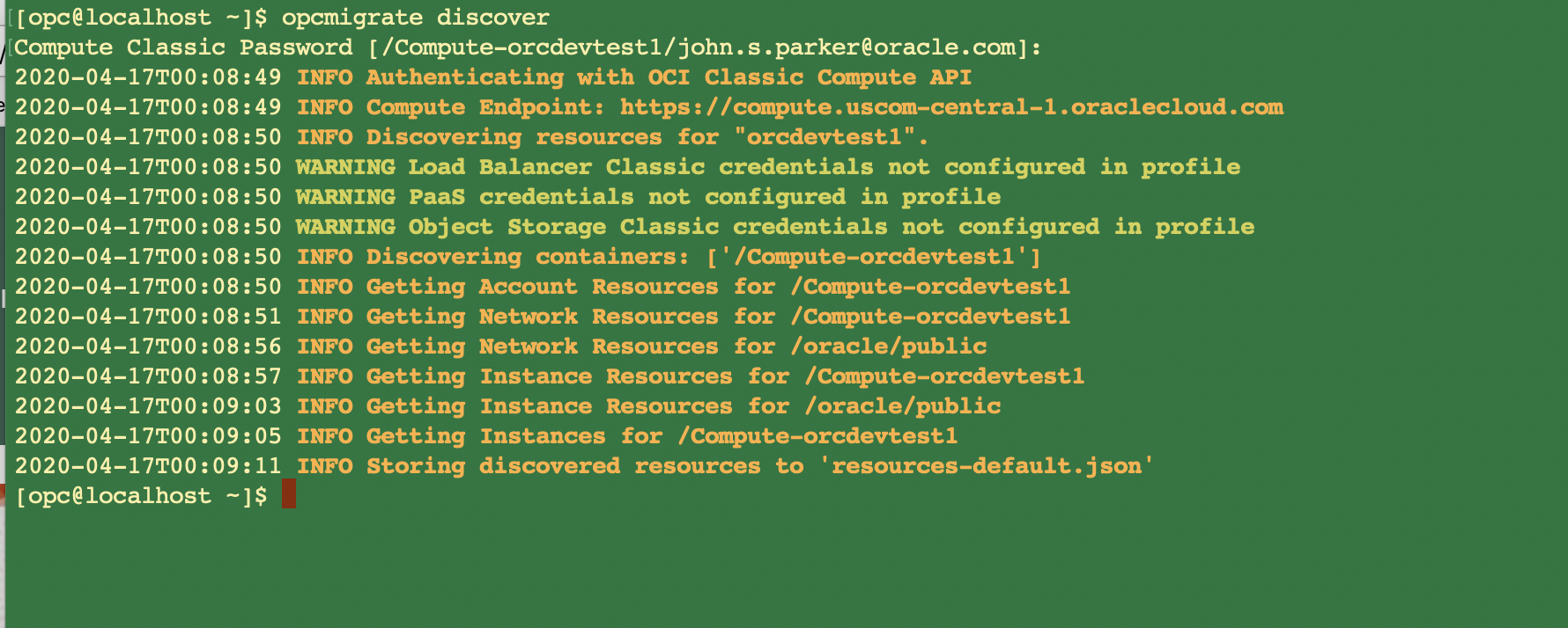 A screenshot that shows the result of running the opcmigrate discover command.