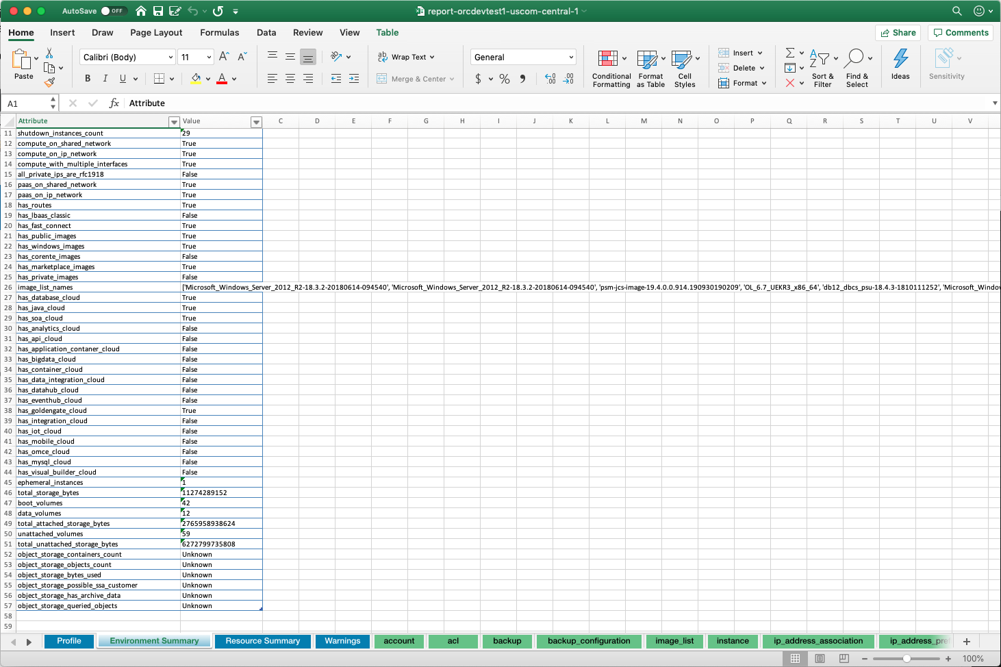 A screenshot that shows a spreadsheet report as the result of running the opcmigrate report command.