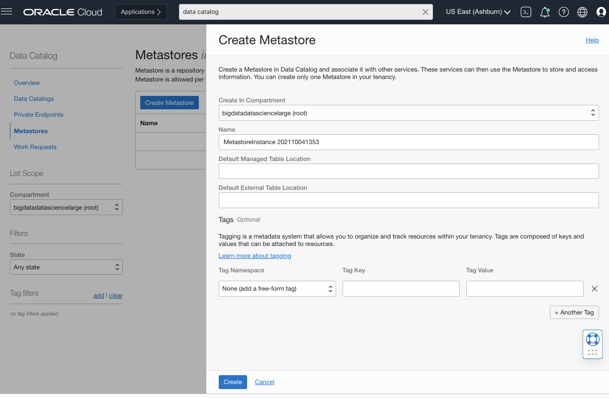 A screenshot of the Create Metastore window in the Oracle Cloud Console.