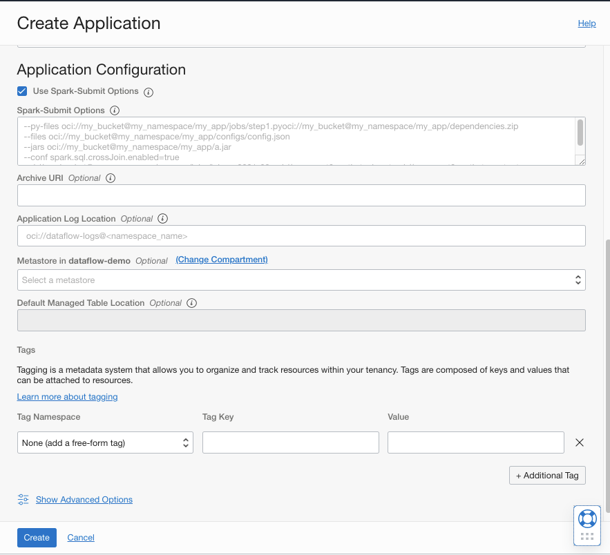 A screenshot of the Create Application page, showing the configuration details.