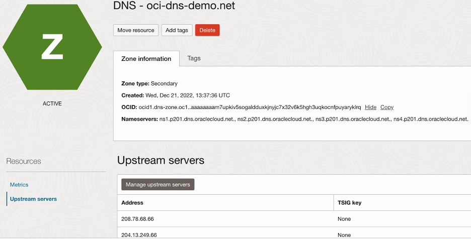 A screenshot of the Details page showing the upstream servers in the zone.