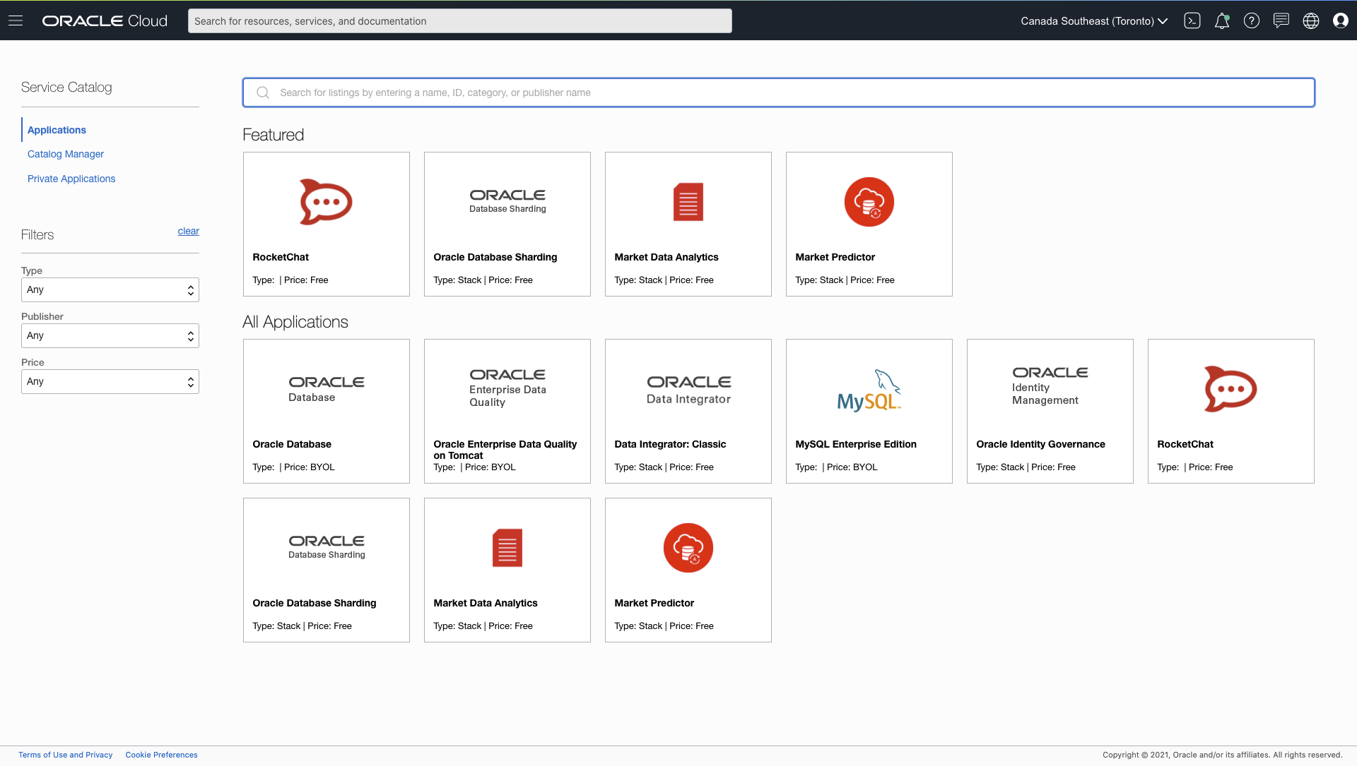 A screenshot of an example service catalog in the OCI Console.