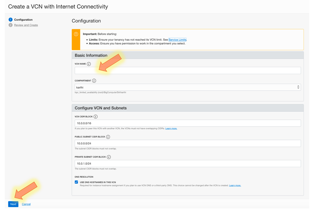 Screenshot that shows the Create a VCN with Internet Connectivity screen.