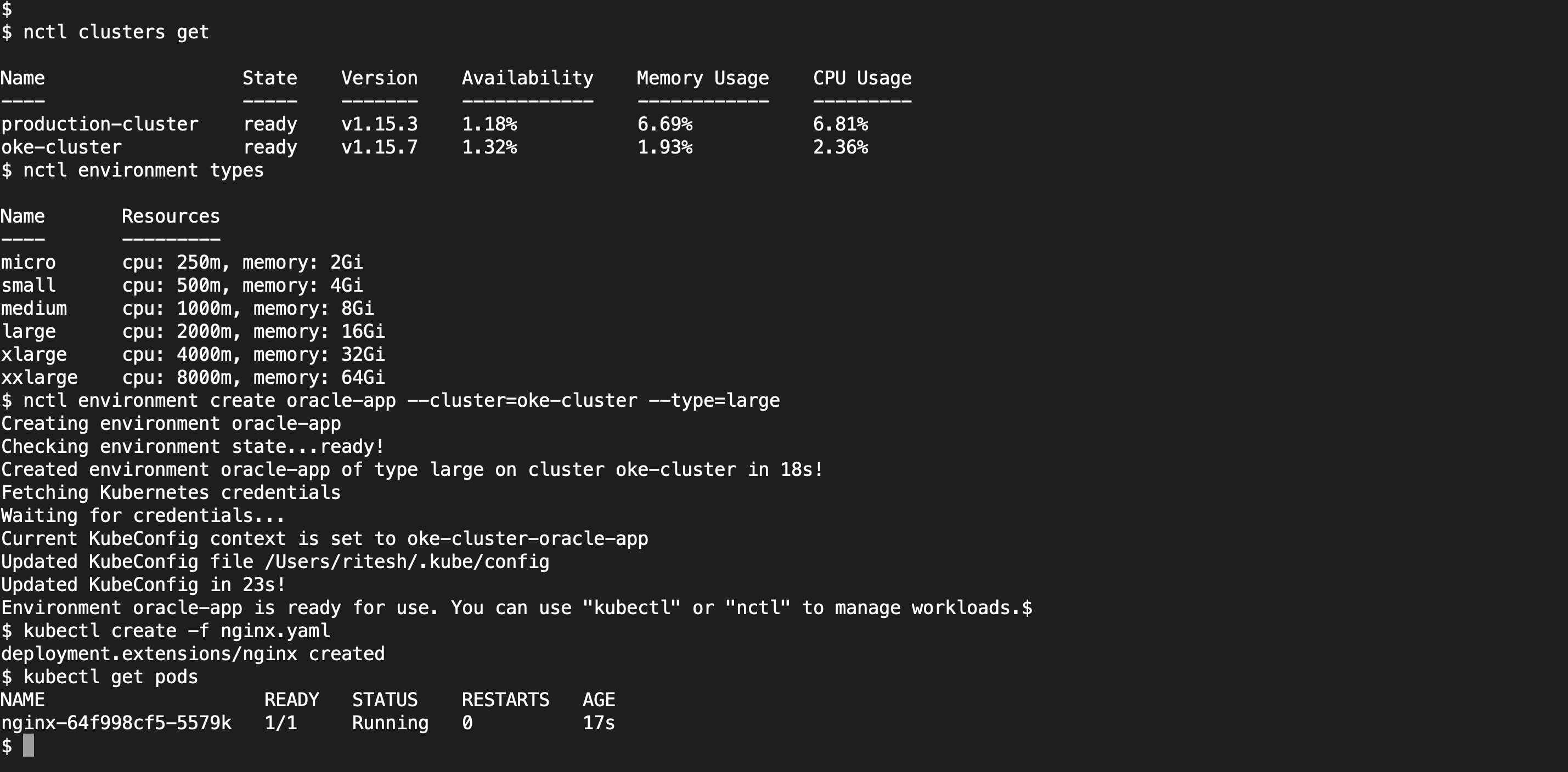 Screenshot that shows command line entries for creating a cluster type.