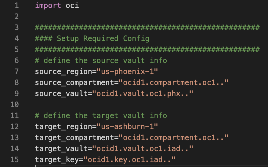 A screenshot of the code output for the OCI module and variables.