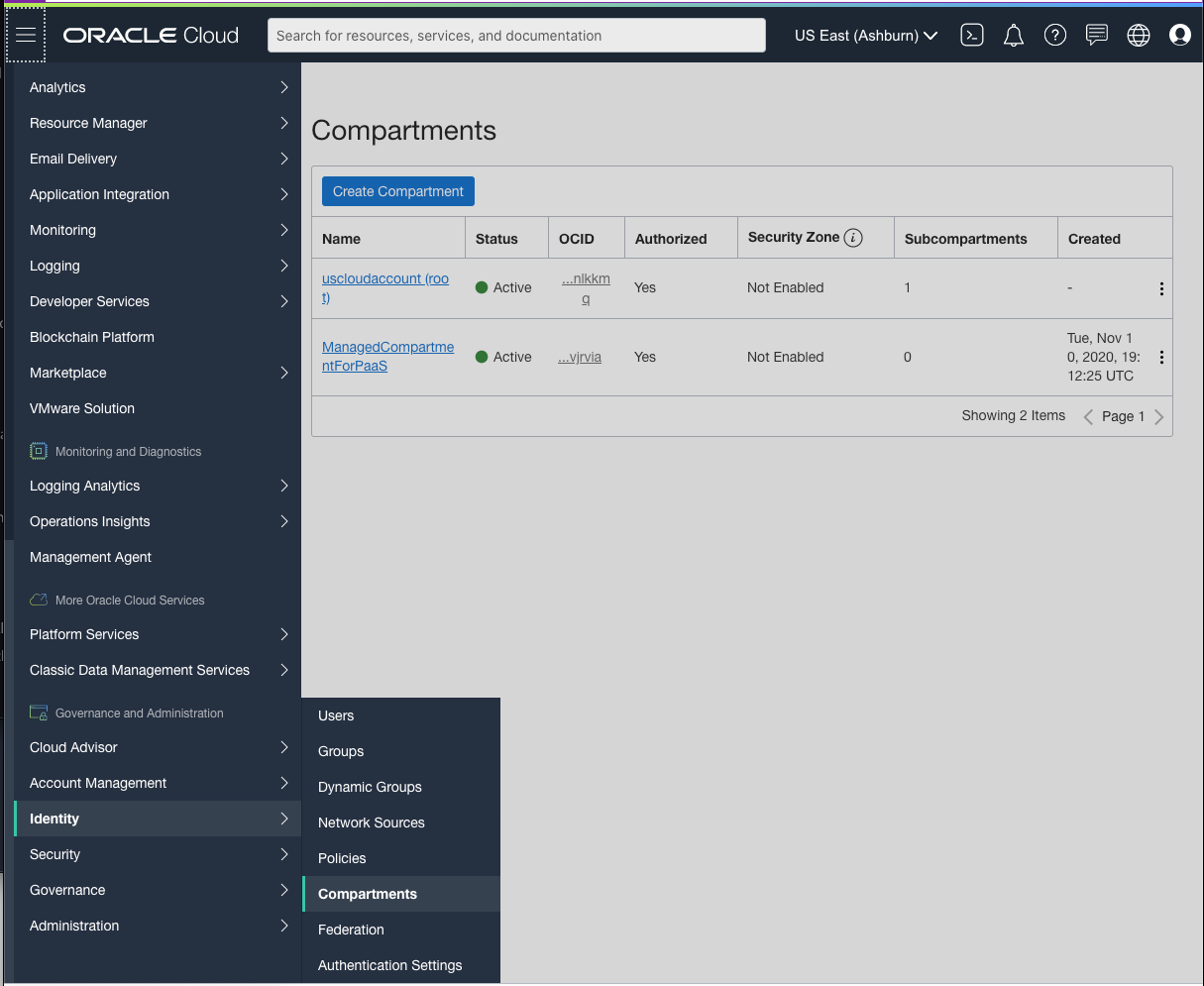 A screenshot of the Oracle Cloud Console with the menu expanded on the left and the Identity and Compartments subsections highlighted.