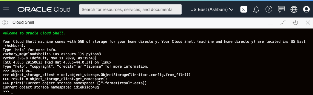 A screenshot of the resulting code running in Oracle Cloud Shell.