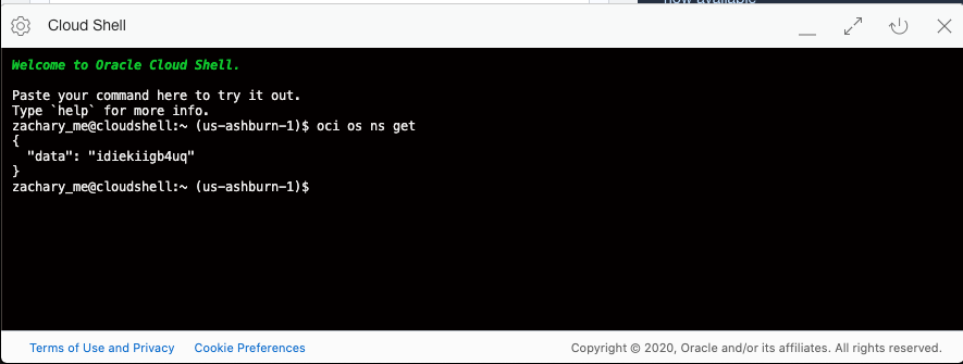 A screenshot of Cloud Shell running the example command.