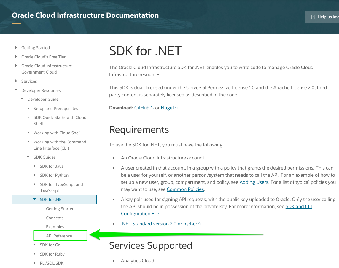 A screenshot of the SDK for .NET documentation page.